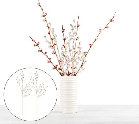 2pcs Artificial Bouquets with Bead Drop Crystal Flower Acrylic Stem DIY Wreath Crafts Christmas Berry Stem Fake Picks Branches Vase Fillers for Wedding Birthday Party Decoration in Saudi Arabia