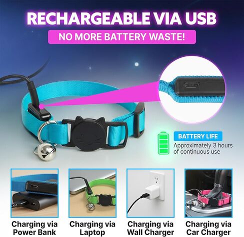 طوق القطط HA SHI LED مع جرس - قابل لإعادة الشحن عبر USB، 3 أوضاع وامضة، مشبك أمان قابل للفصل، طوق خفيف الوزن يتوهج في الظلام يناسب القطط الصغيرة والقطط البالغة (وردي) in Saudi Arabia