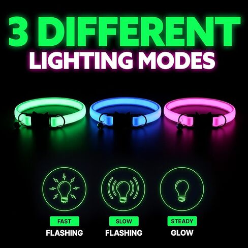 طوق القطط HA SHI LED مع جرس - قابل لإعادة الشحن عبر USB، 3 أوضاع وامضة، مشبك أمان قابل للفصل، طوق خفيف الوزن يتوهج في الظلام يناسب القطط الصغيرة والقطط البالغة (وردي) in Saudi Arabia