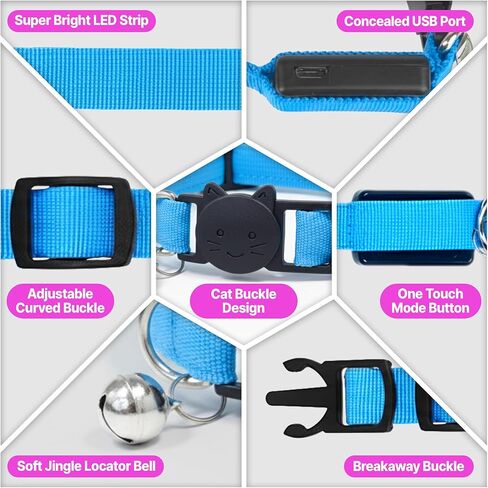 طوق القطط HA SHI LED مع جرس - قابل لإعادة الشحن عبر USB، 3 أوضاع وامضة، مشبك أمان قابل للفصل، طوق خفيف الوزن يتوهج في الظلام يناسب القطط الصغيرة والقطط البالغة (وردي) in Saudi Arabia