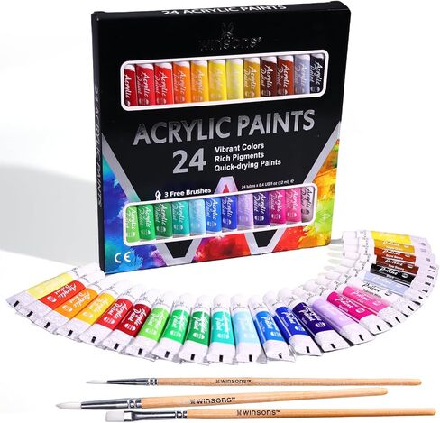 WINSONS Art Acrylic Paint Set, 24 x12ml Tubes Artist Quality Non Toxic Rich Pigments Colors with 3 Brushes Great for Beginners Artists Professional - Painting Canvas, Wood, Rock, Ceramic & Fabric in Saudi Arabia