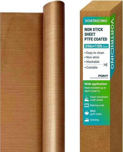 لفة ورق تيفلون من VORTRIDINO PTFE مقاس 39 بوصة × 15 قدم ورقة PTFE مقاومة للحرارة لنقل الضغط الحراري، غير لاصقة تحمي الحديد المطلي بـ PTFE ورقة غطاء للضغط الحراري قابلة لإعادة الاستخدام (سمك 5 مل) in Kuwait