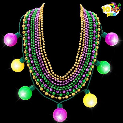 مجموعة قلادات LED من JOYIN 10 قطع من Mardi Gras LED، تتضمن قلادة لمبة LED واحدة، 3 قلادات خرز متوسطة و6 صغيرة، قلادات ذهبية خضراء أرجوانية لحفلات Mardi Gras لوازم الأزياء التنكرية in Kuwait