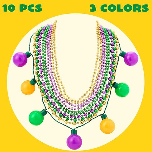 مجموعة قلادات LED من JOYIN 10 قطع من Mardi Gras LED، تتضمن قلادة لمبة LED واحدة، 3 قلادات خرز متوسطة و6 صغيرة، قلادات ذهبية خضراء أرجوانية لحفلات Mardi Gras لوازم الأزياء التنكرية in Kuwait