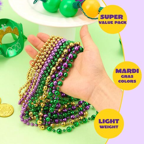 مجموعة قلادات LED من JOYIN 10 قطع من Mardi Gras LED، تتضمن قلادة لمبة LED واحدة، 3 قلادات خرز متوسطة و6 صغيرة، قلادات ذهبية خضراء أرجوانية لحفلات Mardi Gras لوازم الأزياء التنكرية in Kuwait