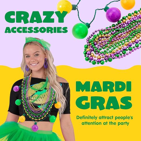 مجموعة قلادات LED من JOYIN 10 قطع من Mardi Gras LED، تتضمن قلادة لمبة LED واحدة، 3 قلادات خرز متوسطة و6 صغيرة، قلادات ذهبية خضراء أرجوانية لحفلات Mardi Gras لوازم الأزياء التنكرية in Kuwait