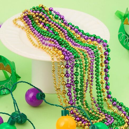 مجموعة قلادات LED من JOYIN 10 قطع من Mardi Gras LED، تتضمن قلادة لمبة LED واحدة، 3 قلادات خرز متوسطة و6 صغيرة، قلادات ذهبية خضراء أرجوانية لحفلات Mardi Gras لوازم الأزياء التنكرية in Kuwait