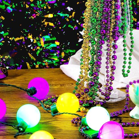 مجموعة قلادات LED من JOYIN 10 قطع من Mardi Gras LED، تتضمن قلادة لمبة LED واحدة، 3 قلادات خرز متوسطة و6 صغيرة، قلادات ذهبية خضراء أرجوانية لحفلات Mardi Gras لوازم الأزياء التنكرية in Kuwait