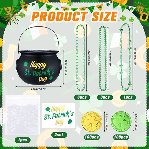 213 Pcs St Patrick's Day Pot of Gold Set Includes 1 Black Cauldron 5.91x7.87in with Handle 200 Shamrock Plastic Coins 10 Green Beaded Necklaces 2 Stickers for St. Patrick's Day Party Decoration in Saudi Arabia