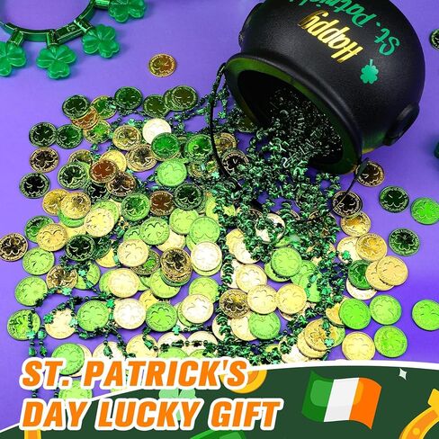 213 Pcs St Patrick's Day Pot of Gold Set Includes 1 Black Cauldron 5.91x7.87in with Handle 200 Shamrock Plastic Coins 10 Green Beaded Necklaces 2 Stickers for St. Patrick's Day Party Decoration in Saudi Arabia