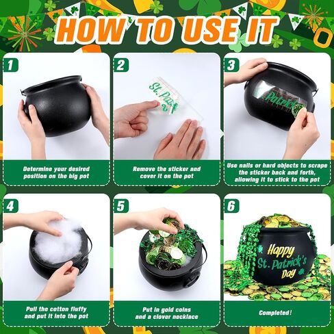 213 Pcs St Patrick's Day Pot of Gold Set Includes 1 Black Cauldron 5.91x7.87in with Handle 200 Shamrock Plastic Coins 10 Green Beaded Necklaces 2 Stickers for St. Patrick's Day Party Decoration in Saudi Arabia