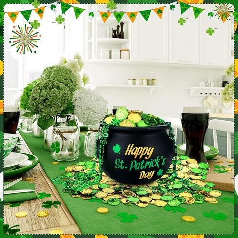 213 Pcs St Patrick's Day Pot of Gold Set Includes 1 Black Cauldron 5.91x7.87in with Handle 200 Shamrock Plastic Coins 10 Green Beaded Necklaces 2 Stickers for St. Patrick's Day Party Decoration in Saudi Arabia