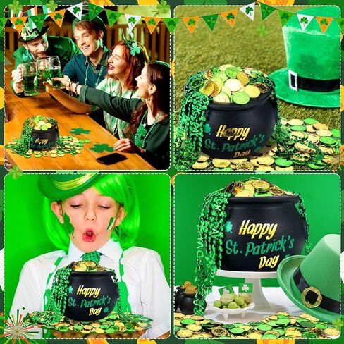 213 Pcs St Patrick's Day Pot of Gold Set Includes 1 Black Cauldron 5.91x7.87in with Handle 200 Shamrock Plastic Coins 10 Green Beaded Necklaces 2 Stickers for St. Patrick's Day Party Decoration in Saudi Arabia