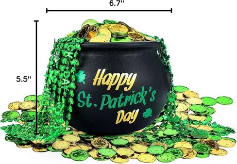 213 Pcs St Patrick's Day Pot of Gold Set Includes 1 Black Cauldron 5.91x7.87in with Handle 200 Shamrock Plastic Coins 10 Green Beaded Necklaces 2 Stickers for St. Patrick's Day Party Decoration in Saudi Arabia