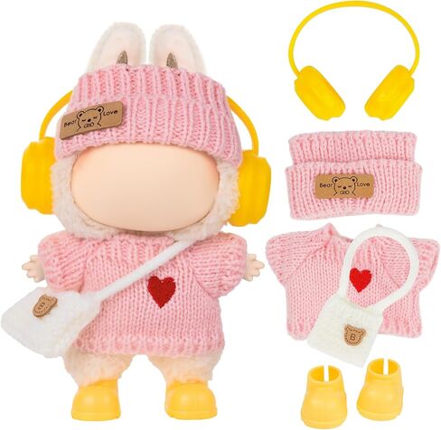 17cm Doll Clothes Accessories - Pink Knit 5-Piece Outfit (No Doll) with Mini Hat, Ear Muffs, Shoes, Bag for 6.7 Inch Dolls Doll Clothing in Saudi Arabia