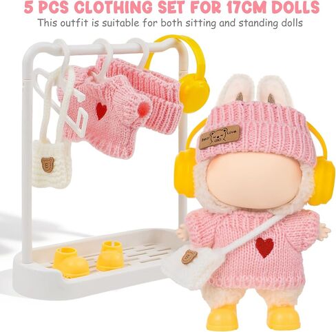 17cm Doll Clothes Accessories - Pink Knit 5-Piece Outfit (No Doll) with Mini Hat, Ear Muffs, Shoes, Bag for 6.7 Inch Dolls Doll Clothing in Saudi Arabia