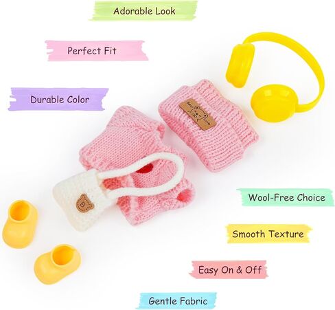 17cm Doll Clothes Accessories - Pink Knit 5-Piece Outfit (No Doll) with Mini Hat, Ear Muffs, Shoes, Bag for 6.7 Inch Dolls Doll Clothing in Saudi Arabia