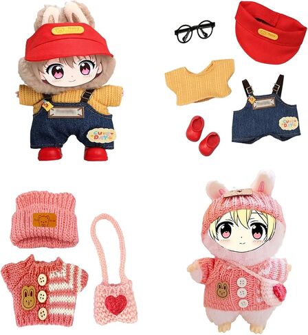 2 Sets of Clothing for 6.7in/17cm Dolls,Handmade Stylish Denim-Style Overalls&Knitted Plush Outfit Set with Accessories ,Perfect for Playtime, Display, and Collectors(No Doll) in Saudi Arabia