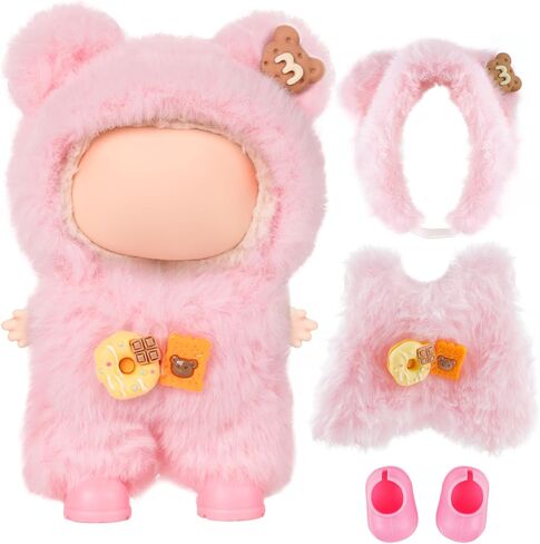 17cm Doll Clothes & Accessories - Pink Plush Cute 3-Piece Outfit (No Doll) with Snap-On Romper and Doll Accessories for 6.7 Inch Dolls Doll Clothing in Saudi Arabia