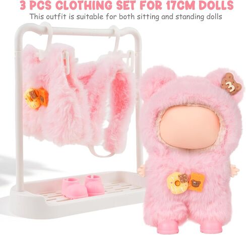 17cm Doll Clothes & Accessories - Pink Plush Cute 3-Piece Outfit (No Doll) with Snap-On Romper and Doll Accessories for 6.7 Inch Dolls Doll Clothing in Saudi Arabia