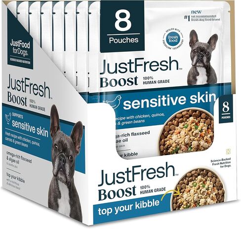 JustFoodForDogs JustFresh Boosts Sensitive Skin Dog Food Topper with Vitamin C, Vitamin E, Algae Oil, Omega-3 Fatty Acids, 8 oz Pouches - 8 Pack in Saudi Arabia