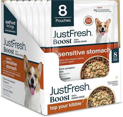 JustFoodForDogs JustFresh Boosts Sensitive Skin Dog Food Topper with Vitamin C, Vitamin E, Algae Oil, Omega-3 Fatty Acids, 8 oz Pouches - 8 Pack in Saudi Arabia