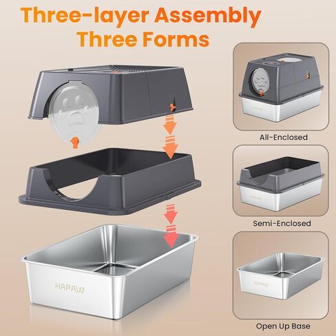 صندوق فضلات من الفولاذ المقاوم للصدأ قابل للطي بزاوية 135 درجة مع غطاء، صندوق فضلات القطط مغلق كبير جدًا، وعاء فضلات معدني مع مدخل أمامي وعلوي، تحكم في الرائحة، مغرفة ودواسة فلتر in Kuwait