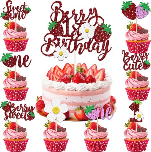 33 PCS Berry First Birthday Cake Topper and Sweet One Strawberry Cupcake Toppers Glitter Strawberry Birthday Party Decorations for Baby Shower Kids 1st Birthday Strawberry Cake Decorations Supplies in Saudi Arabia