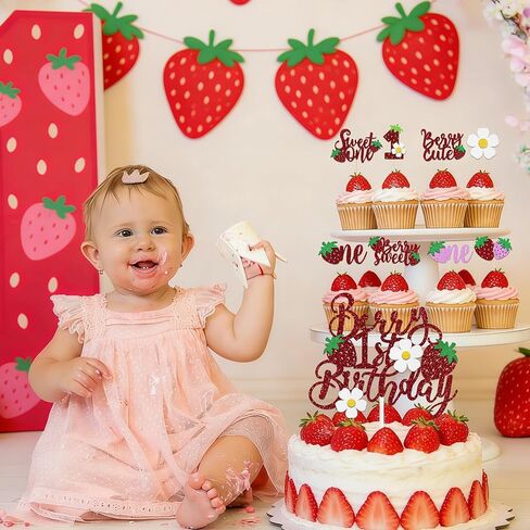 33 PCS Berry First Birthday Cake Topper and Sweet One Strawberry Cupcake Toppers Glitter Strawberry Birthday Party Decorations for Baby Shower Kids 1st Birthday Strawberry Cake Decorations Supplies in Saudi Arabia