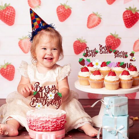 33 PCS Berry First Birthday Cake Topper and Sweet One Strawberry Cupcake Toppers Glitter Strawberry Birthday Party Decorations for Baby Shower Kids 1st Birthday Strawberry Cake Decorations Supplies in Saudi Arabia