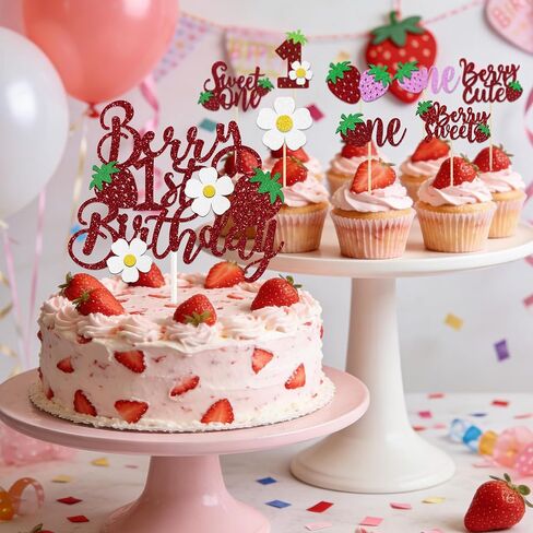 33 PCS Berry First Birthday Cake Topper and Sweet One Strawberry Cupcake Toppers Glitter Strawberry Birthday Party Decorations for Baby Shower Kids 1st Birthday Strawberry Cake Decorations Supplies in Saudi Arabia