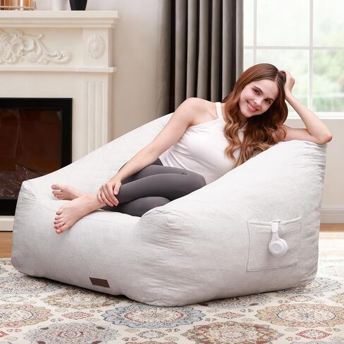 Bean Bag Chair with Memory Foam Filling- Large Stuffable Soft Giant Beanbag Reading Chair, Adults Lounge Gaming Lazy Sofa Bed for Living Room Bedroom- Beige, Stripe Fur in Saudi Arabia
