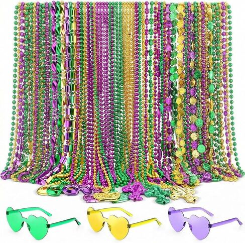 Civaner 36 Pcs Mardi Gras Beads Necklaces and 3 Pcs Heart Sunglasses Bulk Gold Purple Green Mardi Gras Necklaces Carnival Costumes Decorations for Carnival Parade Supplies in Saudi Arabia
