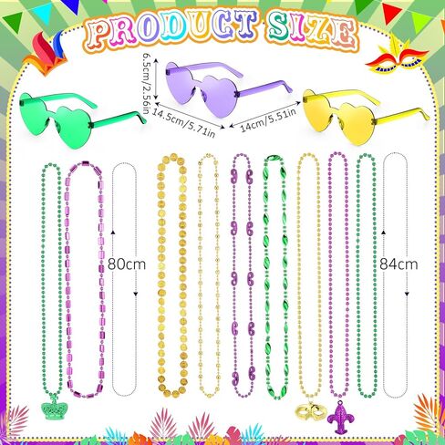 Civaner 36 Pcs Mardi Gras Beads Necklaces and 3 Pcs Heart Sunglasses Bulk Gold Purple Green Mardi Gras Necklaces Carnival Costumes Decorations for Carnival Parade Supplies in Saudi Arabia