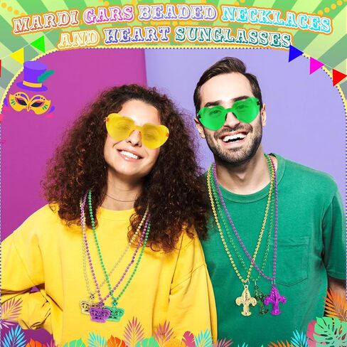 Civaner 36 Pcs Mardi Gras Beads Necklaces and 3 Pcs Heart Sunglasses Bulk Gold Purple Green Mardi Gras Necklaces Carnival Costumes Decorations for Carnival Parade Supplies in Saudi Arabia