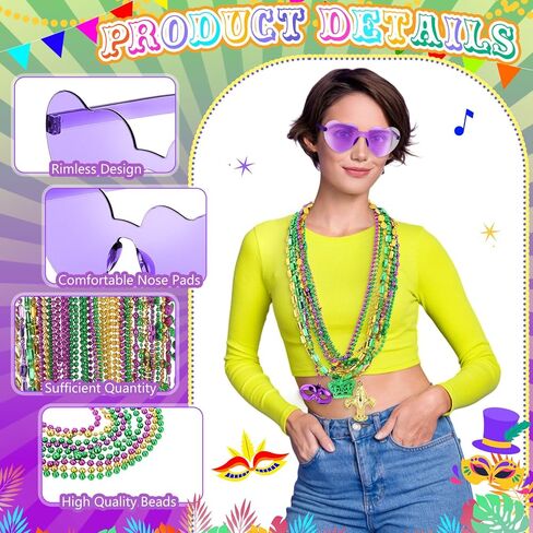 Civaner 36 Pcs Mardi Gras Beads Necklaces and 3 Pcs Heart Sunglasses Bulk Gold Purple Green Mardi Gras Necklaces Carnival Costumes Decorations for Carnival Parade Supplies in Saudi Arabia