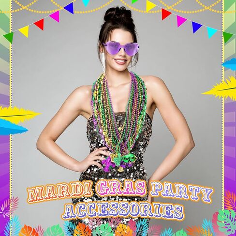 Civaner 36 Pcs Mardi Gras Beads Necklaces and 3 Pcs Heart Sunglasses Bulk Gold Purple Green Mardi Gras Necklaces Carnival Costumes Decorations for Carnival Parade Supplies in Saudi Arabia