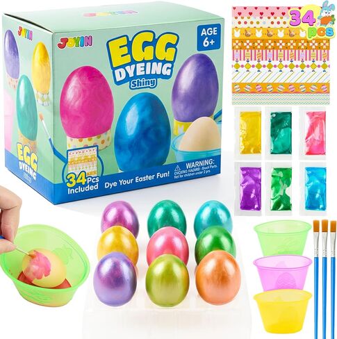 JOYIN 34 قطعة من صبغات بيض عيد الفصح اللامعة لتزيين صبغات البيض DIY عدة صبغات سائلة متعددة الألوان مع فرش، مجموعة تلوين البيض DIY لأنشطة عيد الفصح للأطفال، والحفلات ذات الطابع الخاص، ومتعة الصيد. in Saudi Arabia