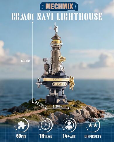 أحجية ميكانيكية ثلاثية الأبعاد منارة ROKR Navi Lighthouse، مجموعة بناء مضاءة ذاتية الصنع للبالغين، مجموعات بناء معدنية، ديكور مكتب وهدايا عيد الميلاد، قابلة للتوصيل بسلسلة Mechmix in Kuwait
