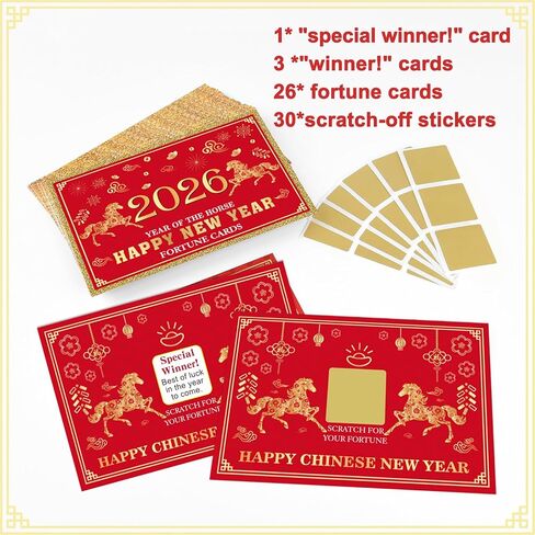 MIAHART 30Pcs 2026 Chinese New Year Fortune Cards for Year of The Horse 2026 New Year Scratch Off Lucky Card Greeting Cards for Spring Festival Lunar 6 Party Decorations in Saudi Arabia