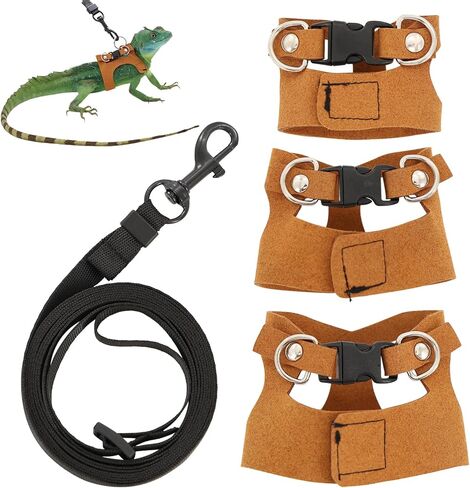 3 Pcs Bearded Dragon Harness and Leash Set Adjustable Leash Soft Leather Bearded Dragon Harness Lizard Accessory for Squirrels and Other Small Reptiles(Brown, 3 Sizes) in Kuwait
