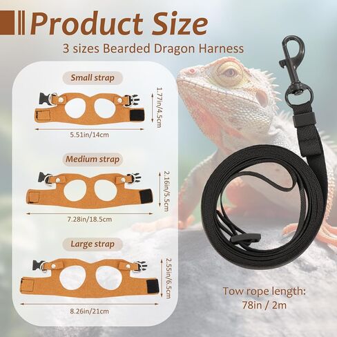 3 Pcs Bearded Dragon Harness and Leash Set Adjustable Leash Soft Leather Bearded Dragon Harness Lizard Accessory for Squirrels and Other Small Reptiles(Brown, 3 Sizes) in Kuwait