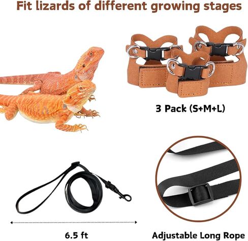 Soft Leath Harness and Leash Set for Bearded Dragon S M L 3 Size Adjustable Lizard Harness Vest Traction Rope Training Walking for Small Animal Reptile Squirrel Rat (Brown) in Kuwait
