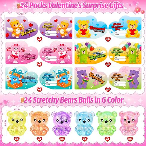 24 Pack Valentine's Day Cards for Kids with Bear Squeeze Toy, Valentines Gifts for Kids Classroom School Exchange Prizes, Valentine's Party Favors for Boys & Girls in Saudi Arabia