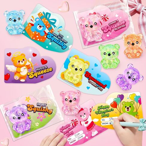 24 Pack Valentine's Day Cards for Kids with Bear Squeeze Toy, Valentines Gifts for Kids Classroom School Exchange Prizes, Valentine's Party Favors for Boys & Girls in Saudi Arabia