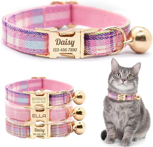 Personalized Plaid Cat Collar with Bell - Custom Polyester Kitten Collar with Engraved Name & Phone Number (Pattern 03, S (6.5-10.5 Inches)) in Saudi Arabia