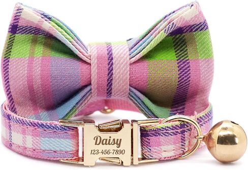 Personalized Plaid Cat Collar with Bell - Custom Polyester Kitten Collar with Engraved Name & Phone Number (Pattern 03, S (6.5-10.5 Inches)) in Saudi Arabia