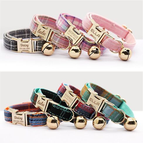 Personalized Plaid Cat Collar with Bell - Custom Polyester Kitten Collar with Engraved Name & Phone Number (Pattern 03, S (6.5-10.5 Inches)) in Saudi Arabia