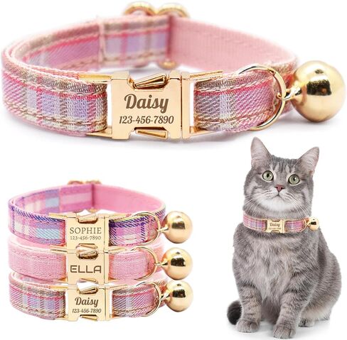 Personalized Plaid Cat Collar with Bell - Custom Polyester Kitten Collar with Engraved Name & Phone Number (Pattern 03, S (6.5-10.5 Inches)) in Saudi Arabia