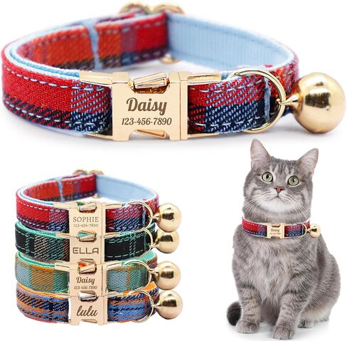Personalized Plaid Cat Collar with Bell - Custom Polyester Kitten Collar with Engraved Name & Phone Number (Pattern 03, S (6.5-10.5 Inches)) in Saudi Arabia